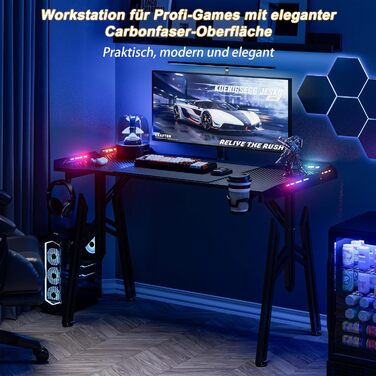 Ігровий стіл Ергономічний ігровий стіл зі світлодіодним підсвічуванням Чорний ігровий ПК стіл з вуглецевого волокна з підсклянником та гачком для навушників 140 x 60 x 73 см M ніжки 140 x 60 x 73 см M ніжки - зі світлодіодним підсвічуванням