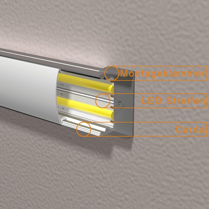 Світлодіодний накладний профіль Alupona Carda 2m прозора кришка Профіль з анодованого алюмінію Профільна стрічка ідеально підходить для Philips Hue Комплект кронштейнів Світлодіодні стрічки до 18 мм Невелика висота установки
