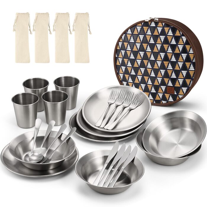 Набір столових приборів Odoland для кемпінгу, 25-предметний набір посуду з нержавіючої сталі з футляром, ножі, виделки, ложки, тарілки, кавові кружки, ідеально підходить для 4 осіб, для подорожей на природі, походів, кемпінгу