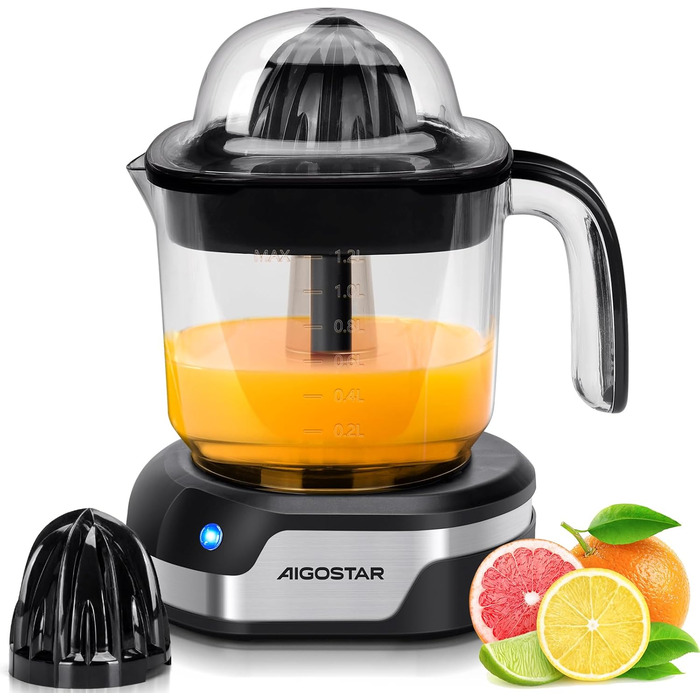 Електрична соковижималка для цитрусових, великий об'єм 1,2 л, соковижималка зі світлодіодним робочим підсвічуванням і 2 знімними к