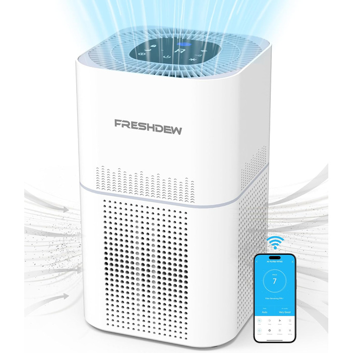 Очищувач повітря FRESHDEW Wi-Fi, CADR 300 м/год для квартири для курців 100, 4-ступеневий повітряний фільтр може видалити запахи пилу, цвіль, цифрова якість повітря, розумний очищувач повітря HEPA 24 дБ, білий