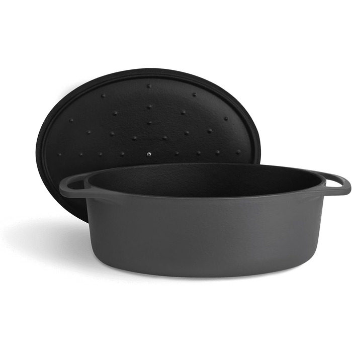 Кокотниця з кришкою, сіра, овальна, 33 см, 6,5 л, чавунна жаровня, індукційна каструля. 33 см сіра