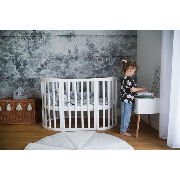 Дитяче ліжко Waldin Oval, комплект трансформованого 7-в-1, ліжечко, дитяче ліжко з матрацом, пеленальний столик, приліжкове ліжечко, дерево білого кольору, комплект тканини не входить до комплекту