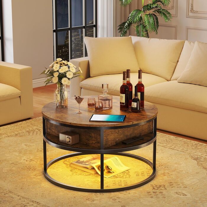 Круглий журнальний столик Dripex, діаметр 81 см, регульований по висоті бічний столик із прихованим місцем для зберігання, вітальня з підйомною стільницею, журнальний столик, дерев&39яний стіл для вітальні, офісу 80*80*47