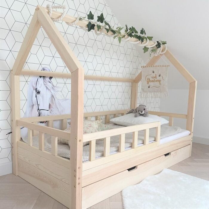 Ліжко-будиночок 90x160 із захистом від падіння, натуральне дерево - Bell Nuo - дитяче ліжко з ящиком для зберігання - дитяче ліжко з рейковою основою - міцне ліжко із захистом від падіння для дитячої кімнати