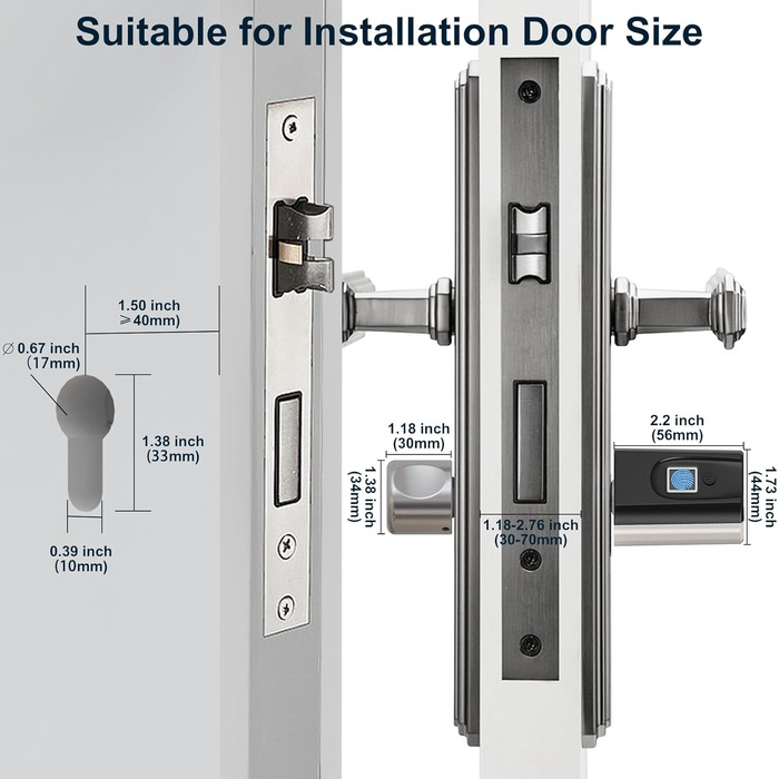 Електронний дверний замок із RFID-картою Bluetooth WiFi для 30-70 мм регульованого циліндра, електронний замок із відбитком пальця, сріблястий, 51 Fingerprint Lock
