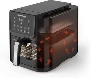 Аерофритюрниця ROMMELSBACHER FRH 1700, XXL-чаша 8 л (21 x 30 см) для 1 кг картоплі фрі, тихий режим 45 дБ(А), 10 програм, 60-200 C, велике вікно з підсвіткою