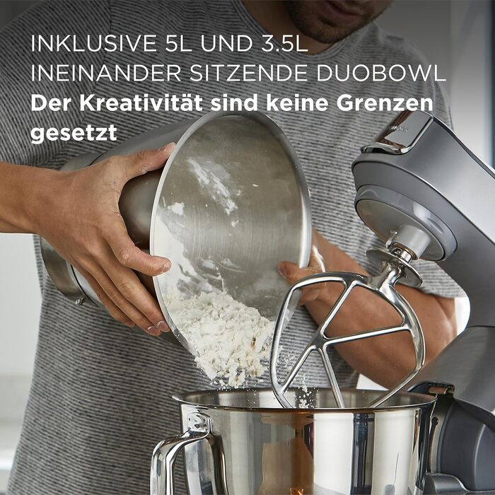 Кухонний комбайн Kenwood Titanium Chef Baker KVC85.004SI з вбудованими вагами, в т.ч. набір кондитерських виробів з 3 предметів, чаша для змішування 5 л і 3,5 л, безступінчастий регулятор швидкості, 1200 Вт, срібло
