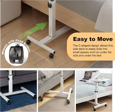 Мобільний столик для ліжка на колесах, регульована висота бічного столика 60-90 см та кут нахилу, столик для догляду за ліжком, столик для ноутбука, столик для дивана на колесах, столик для стояння зі звукоізоляцією (білий)