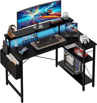 Г-подібний стіл Grandder 100x50 см зі світлодіодним освітленням та розетками, ігровий стіл з 2 полицями, комп&39ютерний стіл з підставкою для монітора, робоча станція для домашнього офісу, чорний 100 x 70 см, чорний колір під карбон