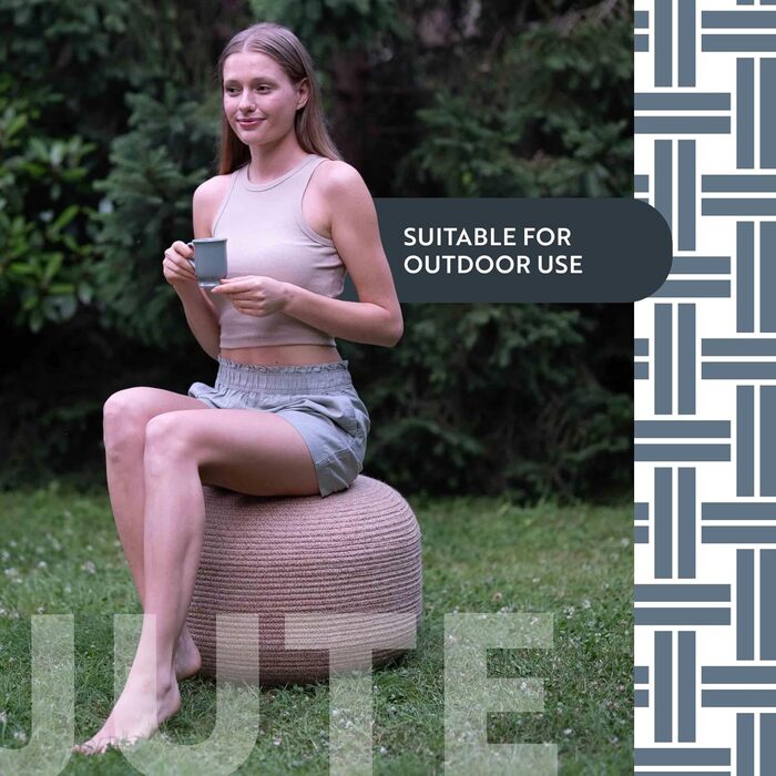 Круглий пуф-отоманка, пуф для ніг, джутовий пуф, табурет, подушка сидіння, декор для дому в стилі бохо, додатковий пуф-сидіння для вітальні, спальні, приміщень, колір Arctic Circle 55 x 55 x 30 см, колір Natural Ice Blue