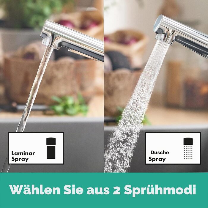 Кухонний змішувач hansgrohe Zesis M33 з висувною лійкою, 2 режими струменя, висота виливу 150 мм, поворот на 150, хром, 74800000