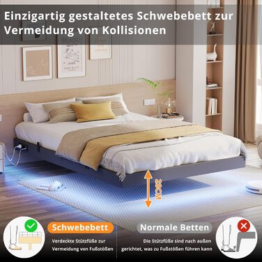 Ліжко IRONCK 140x200 зі світлодіодним освітленням та зарядною станцією, каркас ліжка 140x200 см з м&39якою оббивкою, плаваючий каркас ліжка, каркас ліжка 140x200 см, дитяче ліжко, металеве ліжко з рейковою основою, двоспальне ліжко, сірий колір