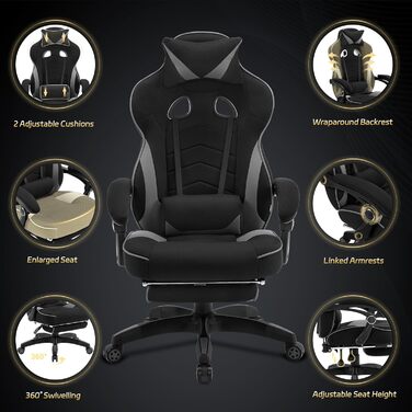 Ігрове крісло WOLTU, тканинне, прохолодне влітку, ергономічне, вантажопідйомність 150 кг, регульована спинка, ергономічна поперекова опора, підставка для ніг, офісне та ігрове крісло, чорнийсірий, еластична тканина