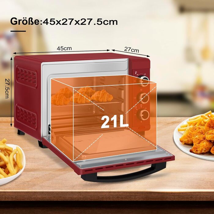 Міні-піч WOLTU 21 л, електрична міні-піч, міні-піч, піч для піци, 1280 Вт, 100-230 C, таймер 60 хв., верхній/нижній нагрів, подвійне скло, червоний, BF15rt