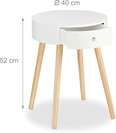 Круглий журнальний столик Relaxdays з шухлядою, скандинавський дизайн, журнальний столик або тумбочка біля ліжка, В x Ø 52 x 40 см, дерево, білий