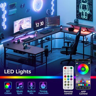 Г-подібний стіл Mondeer зі світлодіодним підсвічуванням, ігровий стіл 130 x 130 см з 2 розетками та 2 портами USB для зарядки, кутовий стіл із сітчастим відділенням для зберігання та гачками, для домашнього офісу та спальні, колір сажа