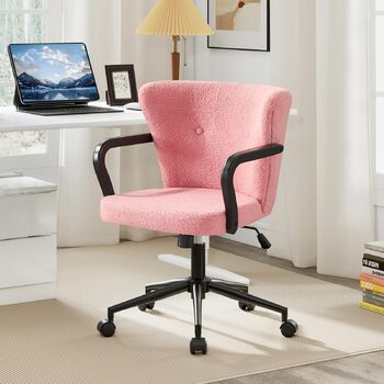 Крісло для офісу з регульованою висотою, ергономічне офісне крісло з високою спинкою та підлокітниками, обертове крісло з крилами спинки, крісло для туалетного столика, крісло для туалетного столика з колесами, рожева тканина шерпа