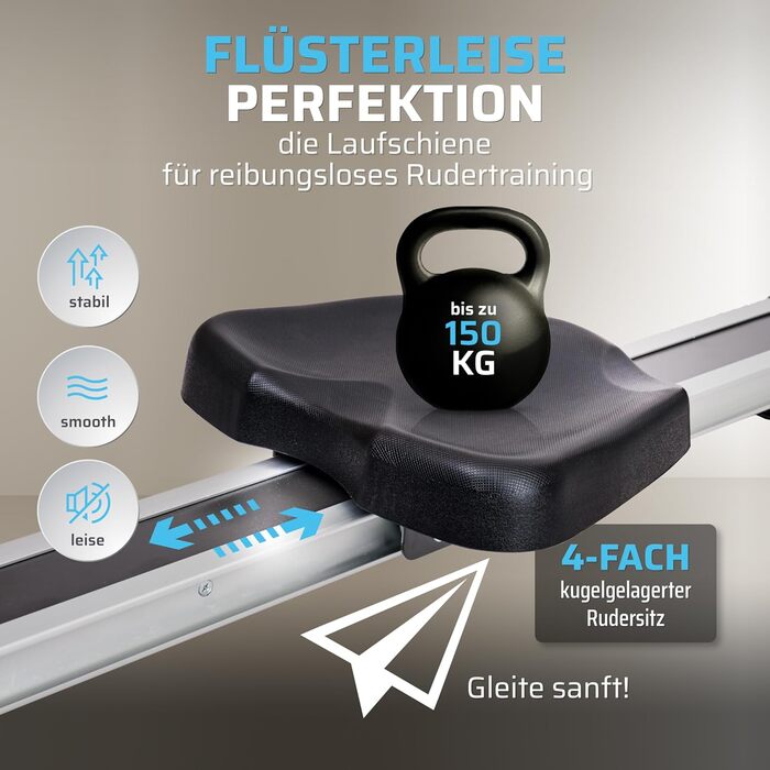Складаний гребний тренажер SportPlus для домашнього використання - Розроблено в Німеччині - Для початківців та досвідчених користувачів - Гребний тренажер з магнітним опором, надзвичайно тихий, складний та компактний, до 150 кг, чорний/сірий - Сумісний із