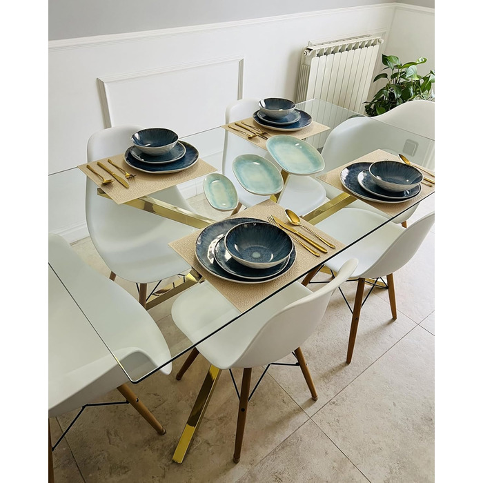 Обідній стіл Beliani, прозоре скло, прямокутний, 160 x 90 см, металевий каркас, золотий, Maramo