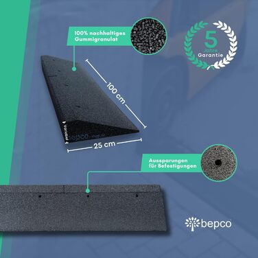 Бордюрний пандус Bepco, 100 × 25 × 10 см — гумовий заїжджий поріг із вбудованими шайбами для кріплення (чорний)