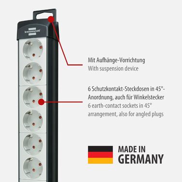 Розетка Brennenstuhl Premium-Line 6-місна (розетка з вимикачем і кабелем 5 м - розташування розеток під кутом 45, настінна розетка