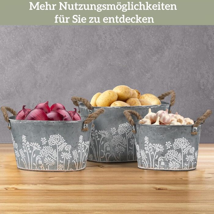 Набір вінтажних вуличних квіткових горщиків, 3 предмети, оцинковані металеві горщики для рослин з мотузковими ручками, відра для квітів/горщики для трав для кухні, балкону та саду, 19/22,5/26 см