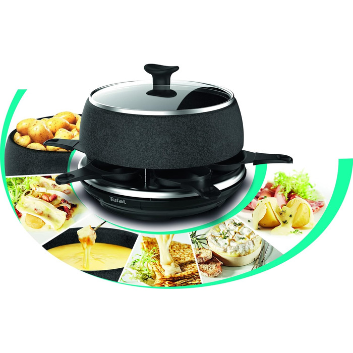 Електричний раклетний гриль прилад для фондю для 6 осіб 6 сковорідок, 6 виделок, 1 каструлякришка, книга рецептів Кам'яний вигляд Можна мити в посудомийній машині 850 Вт, 12C8