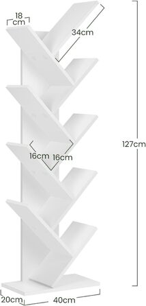 Книжкова полиця EUGAD у формі дерева, окремостояча полиця для CD/DVD з 9 полицями, полиця для зберігання, кутова полиця для спальні, вітальні, 40x127x20 см, білий