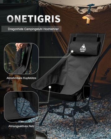 Крісло для кемпінгу OneTigris DRAGONHIDE, висока спинка, складне, вантажопідйомність 125 кг, легке складне кемпінгове крісло, складне рибальське крісло з 2 боковими кишенями, надлегке складне крісло для використання на свіжому повітрі, для походів, чорне