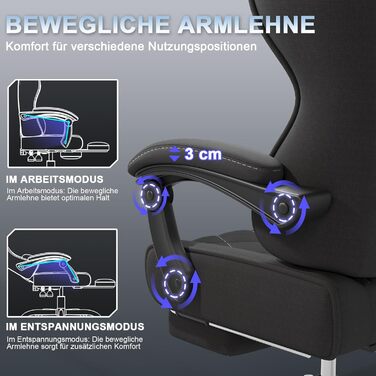 Ігрове крісло Devoko, ергономічна тканина з функцією масажу та підставкою для ніг, пружинна амортизація Pocket Spring, регулювання на 135, повітропроникне для домашнього офісу або ігрової кімнати, чорний колір