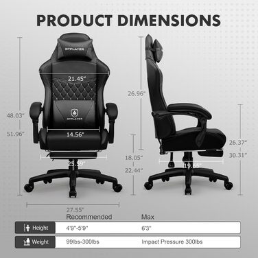 Ігрове крісло GTPLAYER, ергономічне офісне крісло з регульованою висотою, підходить для зими та літа, з подвійною спинкою, підставкою для ніг, знімним чохлом, 150 кг, чорний колір