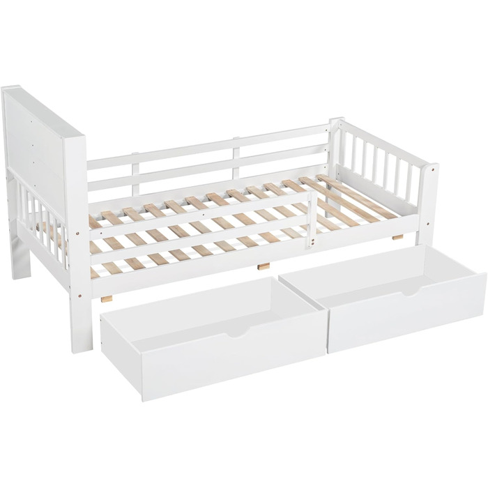 Дитяче ліжко 90x200, дерев&39яне ліжко з шухлядами та дошкою для малювання, узголів&39я з книжковою полицею та поручнями, ліжко з рейковою основою та місцем для зберігання речей, дитяче ліжко, функціональне ліжко, дерев&39яний каркас ліжка, без матраца, б