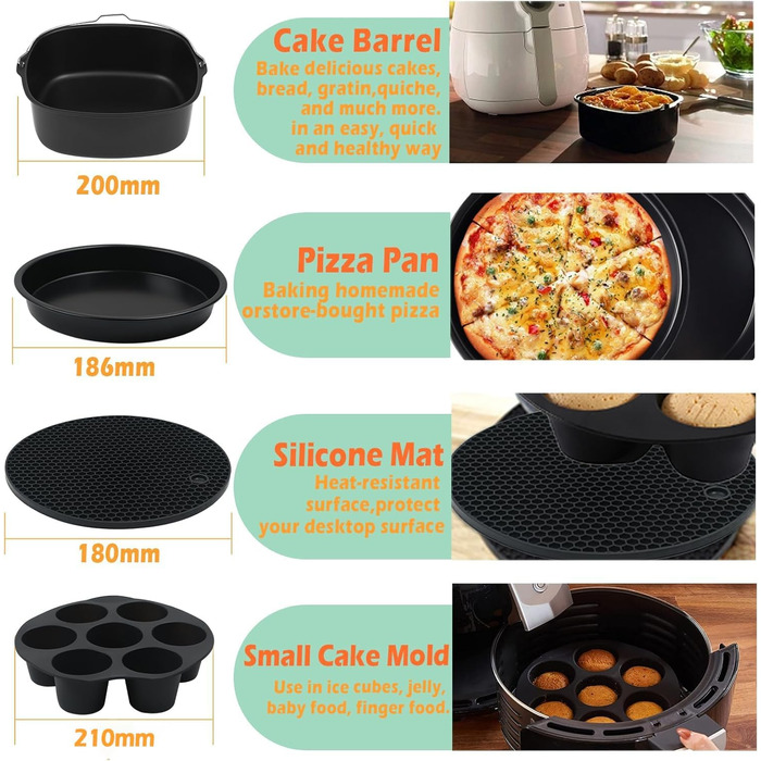 Аксесуари для фритюрниці MaxEarn 14 шт. , Набір аксесуарів для фритюрниці 8 дюймів з кухонним кошиком, формою для піци, тримачем для шампура, аксесуарами для фритюрниці Аерофритюрниці для ніндзя Philips Cosori Princess XL 5.5 л фритюрниці 14 предметів