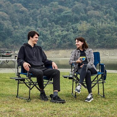 Крісло режисера EVER ADVANCED, складне, вантажопідйомність 180 кг, невеликий розмір упаковки, складне кемпінгове крісло з бічним столиком, портативне складне рибальське крісло з бічною кишенею для кемпінгу, риболовлі, фестивалів, пікніків, синє