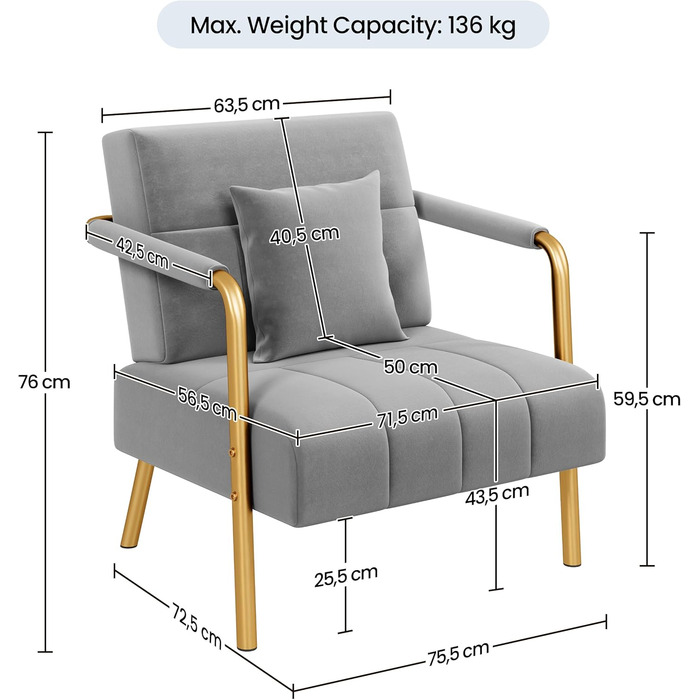 Крісло Yaheetech, оксамитове крісло для відпочинку, м&39яке крісло з металевими ніжками, одинарне крісло шириною 71,5 см, розслаблююче крісло для вітальні/домашнього офісу, світло-сіре