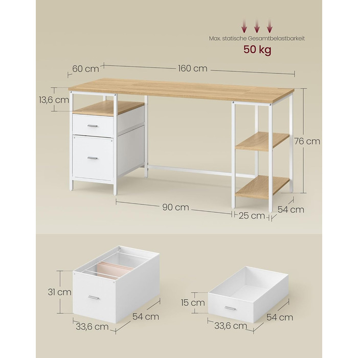 Комп&39ютерний стіл, офісний стіл, письмовий стіл, з 3 полицями, 2 шухлядами, 160 x 60 x 76 см, для офісу, вітальні, сучасний стиль, натуральний дуб-хмарно-білий LWD105YD01 160 x 60 см Натуральний дуб перлинно-білий