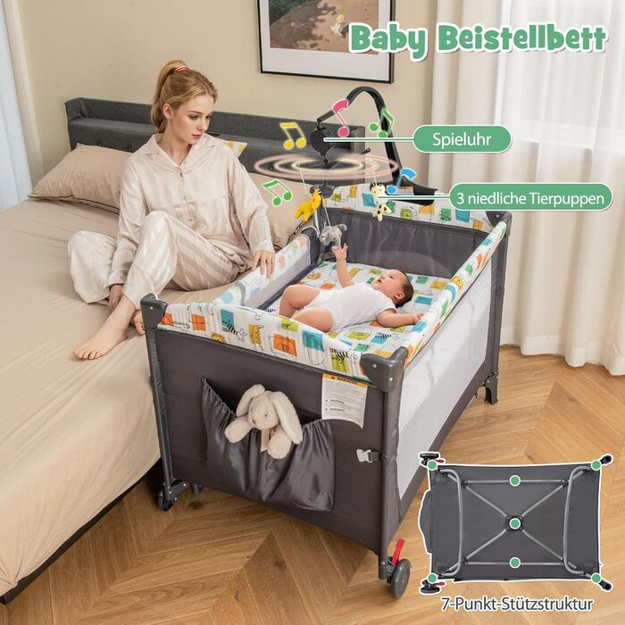 Дорожнє ліжечко DREAMADE 5-в-1 з матрацом 120 x 60 см, регульована по висоті тумбочка з пеленальний столик, музичний мобіль та іграшки, дитяче ліжечко та гойдалка для малюків від народження (сірий)