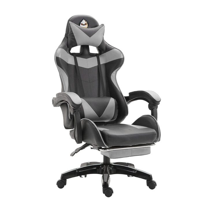Ергономічне ігрове крісло, офісне крісло, регульоване по висоті, комп&39ютерне крісло зі штучної шкіри, з підголівником та поперековою опорою, поворот на 360 (сіре)