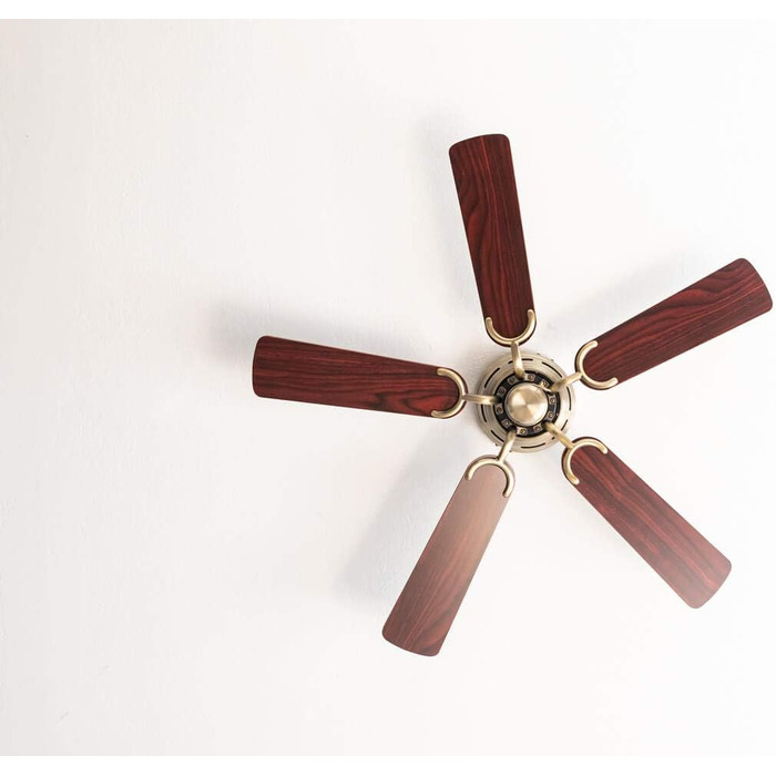 Стельовий вентилятор Kisa без підсвічування Вентилятор із тяговим перемикачем із старовинної латуні з реверсивними лопатями з рожевого та горіхового дерева, діаметр 105 см. (Колір латунь, палісандр/горіх)
