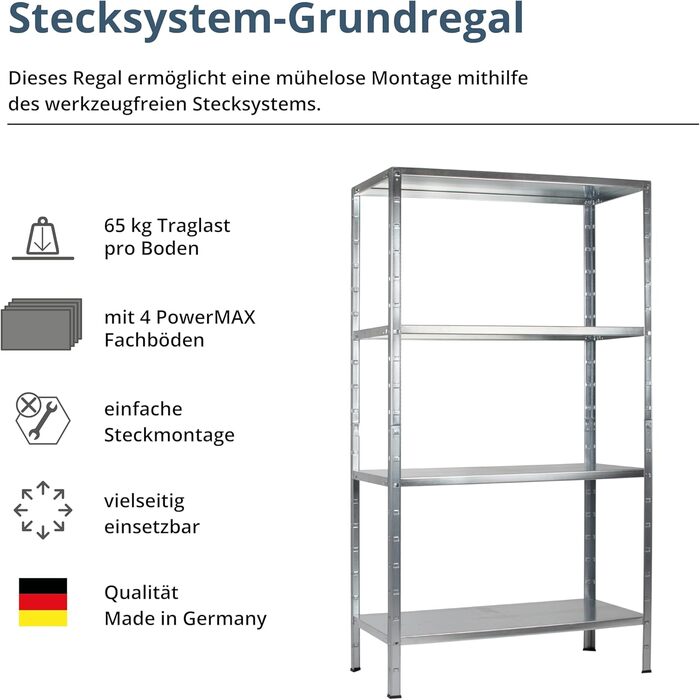 Система стелажів SCHULTE з 4 полицями PowerMAX, вантажопідйомність 65 кг, 190x100x40 см (ВxШxГ), оцинкована (полиця для зберігання, полиця для майстерні, полиця для підвалу, полиця для гаража, металева полиця)