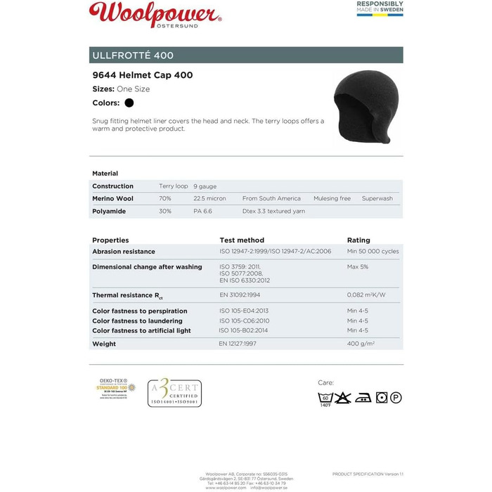 Кепка для шолома Woolpower 400 Один розмір Чорна