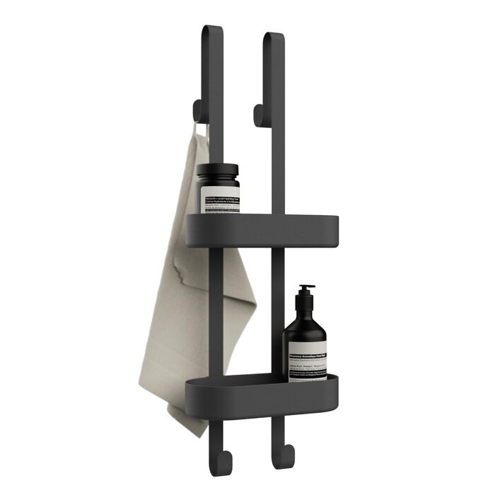 Полиця для душу - 2-ярусна, з регульованими кошиками - мінімалістичний підвісний органайзер - без свердління та присосок - з гумовими накладками - 12.5x70x24 см - чорний