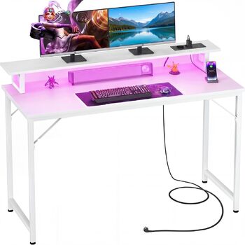 Комп&39ютерний стіл, ігровий стіл 120x50 см з RGB LED-підсвічуванням, стіл з розеткою, комп&39ютерний стіл з підставкою для монітора, маленький стіл для невеликих приміщень, кабінет, спальня, офіс, білий, 120 см