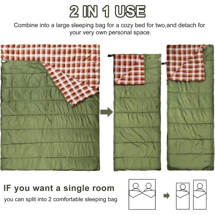 Бавовняний фланелевий спальний мішок для кемпінгу, походів або трекінгу. Водонепроникний спальний мішок розміру &quotqueen-size&quot для дорослих або підлітків. Підходить для вантажівок, наметів або спальних мішків. Легкий, зелено-коричневий.