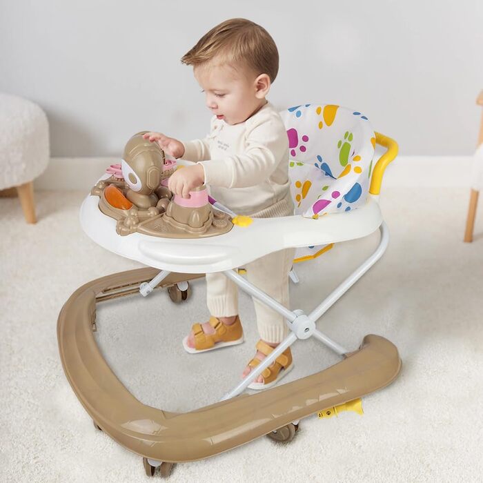 Складані дитячі ходунки Homewell 2-в-1 з сонцезахисним тентом та ручкою для штовхання, регульована висота в 5 положеннях, ходунки з музичною та активною дошкою, дитячі ходунки, діти 624 місяці (хакі)