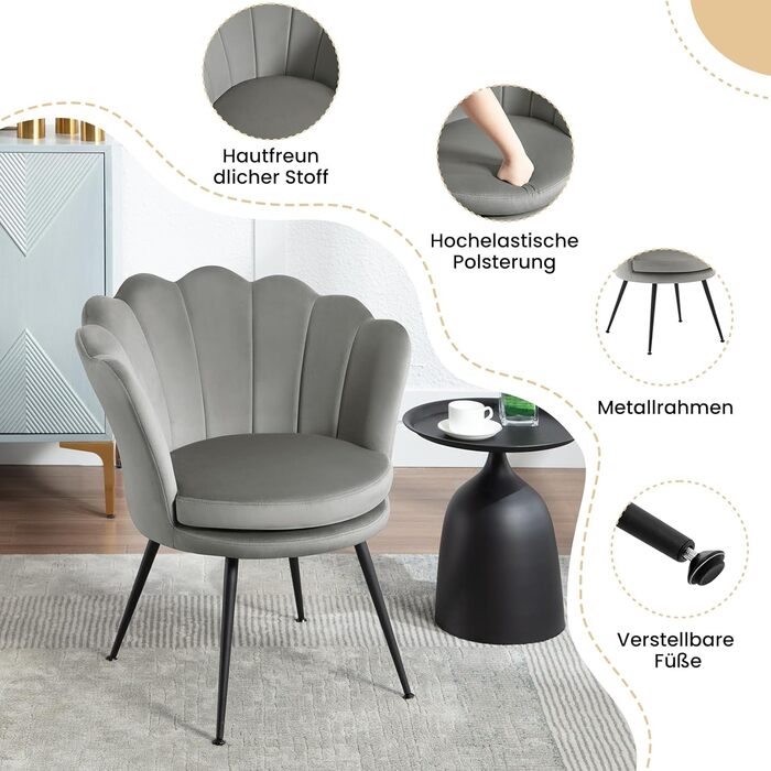 Крісло-крило WOLTU, квіткова форма, крісло-туалет, вітальня, спальня, балкон, з оксамитовою оббивкою, металеві ніжки, сірий