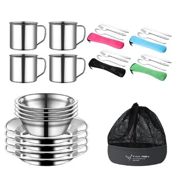 Набір столових приборів для кемпінгу TAN REN для 4 осіб, 24-предметний набір посуду для кемпінгу з нержавіючої сталі, набір столових приборів для пікніка, столові прибори для подорожей на свіжому повітрі з нержавіючої сталі з ножем, виделкою, ложкою для п