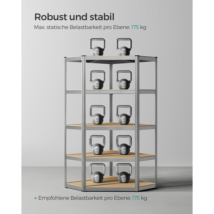 Кутова полиця SONGMICS, 5 ярусів, міцна полиця, металева, полиця для гаража, комори, полиця для підвалу, вантажопідйомність до 875 кг, сріблясто-натурально-бежевий GLR080E01 сріблястий натуральний бежевий