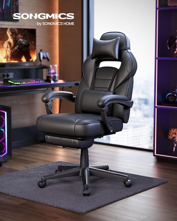 Ігрове крісло SONGMICS, офісне крісло з підставкою для ніг, робоче крісло з підголівником та поперековою опорою, регульована висота, ергономічне, вантажопідйомність до 150 кг, чорний колір OBG073B05 Колір чорнила чорний
